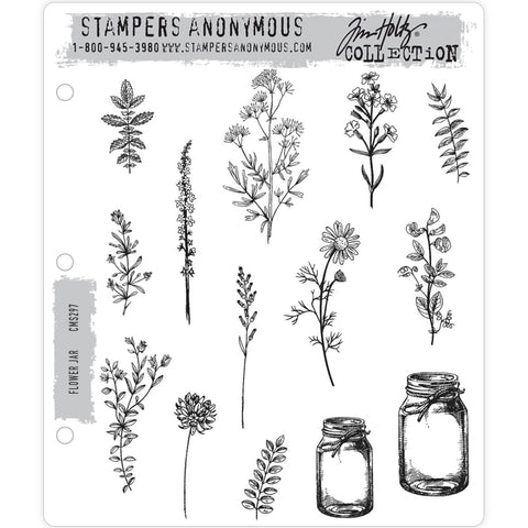 Flower Jar - Tim Holtz Cling Rubber Stamps ... 14 gorgeous individual plants, flowers and jars (cms297).  Exquisitely detailed, these beautiful floral stamps and 2 mason jars (with string tied around them) will have you creating bouquets and posies for many years to come. Made by Stampers Anonymous (Art Gone Wild).
