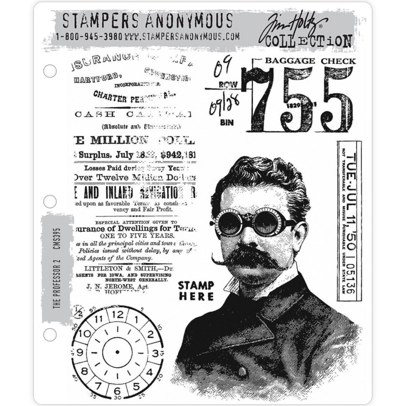 The Professor 2 (no. 2) ... red rubber cling mounted stamps by Tim Holtz and Stampers Anonymous. A dapper portrait of a man with driving goggles, moustache and suit, along with designs featuring text and numbers. 6 (six) designs (CMS395).
This gentleman is facing the camera at an angle, short hair and mo are brushed (he's quite a tidy lad), the round vintage driving goggles protect him from the wind. Along with this Professor are labels, clock dial or stopwatch, distressed advert and more.