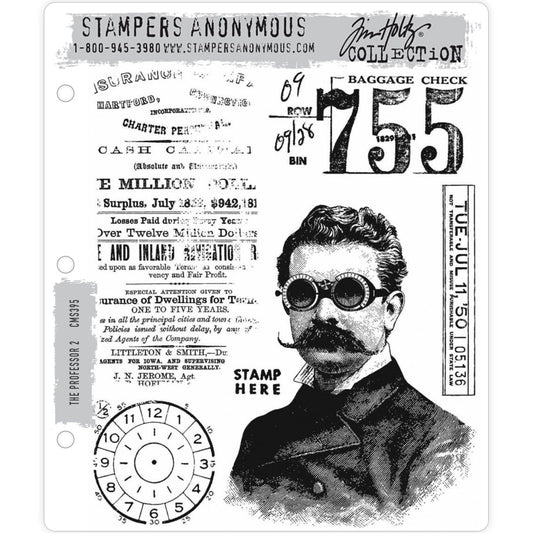 The Professor 2 (no. 2) ... red rubber cling mounted stamps by Tim Holtz and Stampers Anonymous. A dapper portrait of a man with driving goggles, moustache and suit, along with designs featuring text and numbers. 6 (six) designs (CMS395).
This gentleman is facing the camera at an angle, short hair and mo are brushed (he's quite a tidy lad), the round vintage driving goggles protect him from the wind. Along with this Professor are labels, clock dial or stopwatch, distressed advert and more.