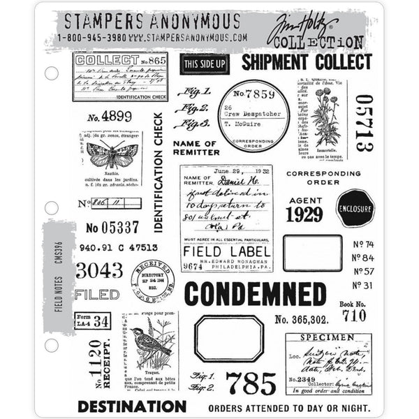 Field Notes ... 35 versatile rubber stamps by Tim Holtz and Stampers Anonymous (CMS396). Labels, captions, vintage elements.   What an amazing collection of labels, vintage elements, beautiful pictures and so much more. There are 35 stamps in this set, perfect for holidays, hanging out in the garden and other moments.  Its beautiful in real life as well as in the pictures you see in the THA group :) Perfect to use as a whole background or as individual designs!