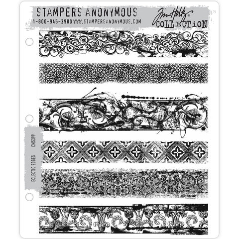 Eclectic Edges ... 6 versatile rubber stamps by Tim Holtz and Stampers Anonymous (CMS399). Beautiful vintage engravings and lace patterns of borders, dividers or edging strips for mixed media, scrapbooking, papercrafts and visual arts.. Sizes (approx) : Each measures 6" wide. 