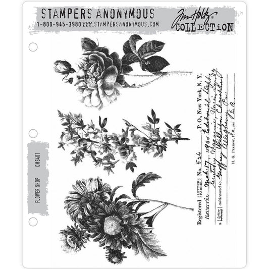 Flower Shop ... 4 versatile rubber stamps by Tim Holtz and Stampers Anonymous (CMS401).  What a gorgeous vintage styled collection of stamps. Each of the 3 flower designs are like antique engravings with very fine linework and intricately detailed elements.
