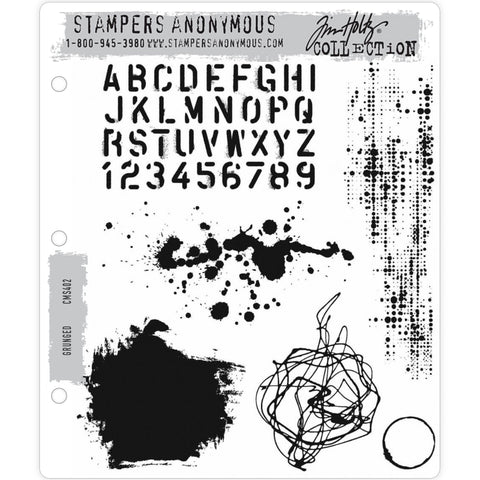 Grunged rubber stamps by Tim Holtz (CMS402) and Stampers Anonymous, Art Gone Wild. Designs include a stencil style alphabet (uppercase with numerals), a spotty scratchy halftone design, spattered ink, splotchy grunge splat, a wild scribbled pattern, a circle with slight mark. Use as features on a page, in the background, within other elements (instead of colouring), as borders, edging, dividers, anything.