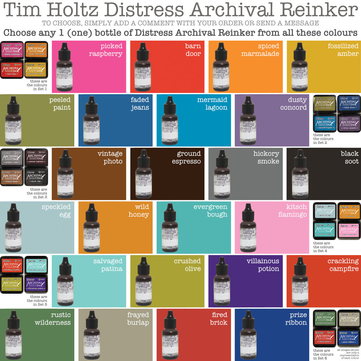 Tim Holtz Distress Archival Ink Reinker Refill Bottles for sale at Art by Jenny in Australia, pictured showing swatches next to the mini ink pad kits (sold separately). Permenant ink for porous surfaces. Use for paper crafts, mixed media, stamping, scrapbooking and visual arts.