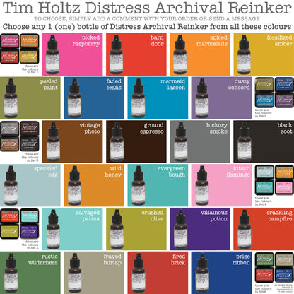 Tim Holtz Distress Archival Ink Reinker Refill Bottles for sale at Art by Jenny in Australia, pictured showing swatches next to the mini ink pad kits (sold separately). Permenant ink for porous surfaces. Use for paper crafts, mixed media, stamping, scrapbooking and visual arts.
