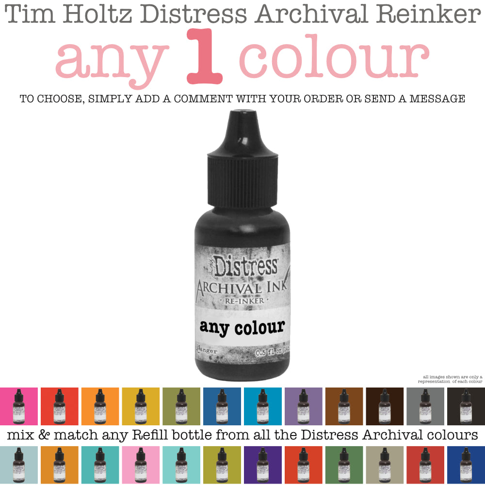 Tim Holtz Distress Archival Ink Reinker Refill Bottles with watersoluble hybrid dye based ink. Fine nozzle bottles to refill ink pads, use in watercolour techniques, make blended backgrounds. Available at Art by Jenny in Australia 