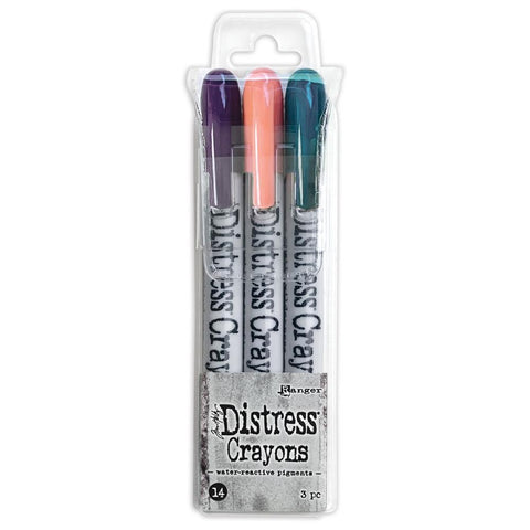 Distress Crayons - Set 14 ... by Tim Holtz. 3 (three) colours (Villainous Potion, Saltwater Taffy, Uncharted Mariner) of aquarelle pastels, watersoluble crayons in a twist-style barrel / holder with lid. One of each colour.   Colours in this set are : - Villainous Potion (dark purple) - Saltwater Taffy (light peachy pink) - Uncharted Mariner (dark turquoise). 