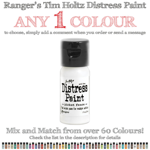The Tim Holtz Distress paints are a unique paint that is water reactive yet permanent on most surfaces including metal, glass, plastic, fabrics and all papers. Its a quality paint for altering metals, blending backgrounds and adding colour to your crafts.  Distress Paints are made with a water-reactive fusion of paints and pigments that creates a splattery, bubbly watercolour effect when sprayed or splashed with water or inks. The colours are opaque and dry with a matte finish. 