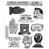 Eclectic Adverts ... by Tim Holtz - Set of 9 unique cling rubber stamps (cms372).  This wonderful collection of unique stamps features different shapes and types of advertisements 