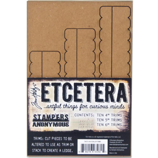 Decorative Trims, Scallop - 30 (thirty) Etcetera Thickboard Shapes ... by Tim Holtz. 3 (three) different lengths, 10 of each in 2 different widths (5 of each width/length). 30 in total. Tim Holtz Etcetera Thickboard is a kraft brown hardboard substrate, a 2-3mm thick wood-like material used for mixed media. Etcetera tags are made with compressed paper, made to have the look and feel of mdf or craftwood.