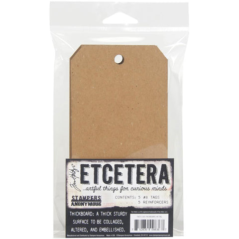 Etcetera Thickboard Tags, Size no.8 - by Tim Holtz and Stampers Anonymous. Pack of 5 (five) tags and 5 (five) rings, each tag is 6 1/4" x 3". Tim Holtz Etcetera Thickboard is a kraft brown hardboard substrate, a 2-3mm thick wood-like material used for mixed media. Etcetera tags are made with compressed paper, made to have the look and feel of mdf or craftwood. image of the pack
