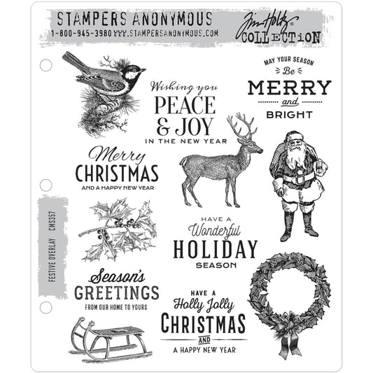 Festive Overlay&nbsp;... by Tim Holtz, made by Stampers Anonymous (CMS357). Set of 12 (twelve) cling mounted red rubber stamps.  A set of 12 (twelve) beautiful vintage engravings style images with typographically designed messages, perfect for Christmas cards,&nbsp;tags, journaling, scrapbooking, memory keeping, planners and other festive projects.