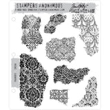 Fragments by Tim Holtz and Stampers Anonymous (cms368). 8 (eight) cling foam mounted red rubber stamps featuring beautifully detailed vintage patterns for all excuses to create more art! A set of eight shapes featuring intricate designs inspired by antique wallpaper, vintage tiles, wood carvings and grand old buildings. Sizes : Damask design (bottom left) measures 2 1/4" x 4 1/4".