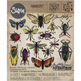Entomology ... by Tim Holtz - Sizzix Framelits Die Cutting Templates (no. 663068) featuring 14 (fourteen) different species of flying and crawling insects.   This set of chemical-etched thin metal dies are designed to cut out the coordinating stamp set from Tim Holtz called Entomology (cms328, sold separately) easily with precision.   The die set includes 14 pieces - insects include cicada, moth, beetles, an ant, wasp, bees, ladybug (lady beetle) and more.
