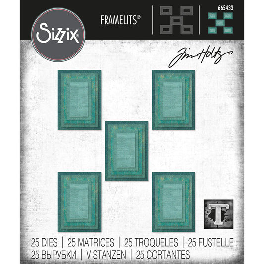 Stacked Tiles - Rectangles ... Thinlits - Die Cutting Templates by Tim Holtz and Sizzix (no.665433). Stacked Rectangle Tiles are very versatile Thinlits Die Cutting Templates that can be used to cut out a single shape or up to 25 shapes at once. Stacked Rectangles cut out frames of different sizes and thicknesses, shapes for holes (doors, windows), a background of shapes or an abundance of pieces for collage. 