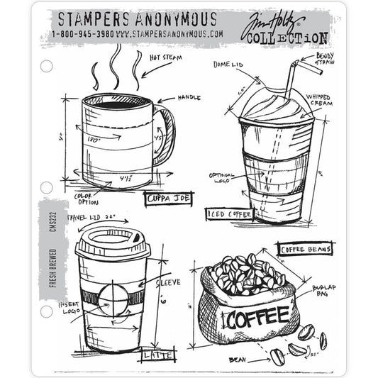 Fresh Brewed, Blueprint ... rubber stamps by Tim Holtz and Stampers Anonymous (cms232). 4 (four) designs - mug of hot beverage, cream topped drink in a tall paper cup with straw, takeaway coffee cup with lid, bag of beans. This set of cling rubber stamps are made of high quality red rubber, with each design deeply etched, neatly trimmed and mounted onto thick cling foam cushioning.