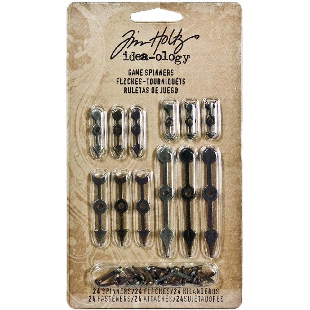 Gamer Spinners - Idea-Ology by Tim Holtz ... Metal arrows used as decorative ornaments. 24 (twenty four) arrows or pointers with a centre fastening.  This pack of 24 spinners (arrows with a centre hole for attaching and spinning) and 24 fasteners (brads) are embellishments that can be used in arts and crafts to spin for amusement or to denote a certain direction or time.
