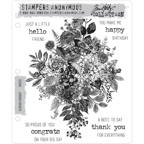 Glorious Bouquet ... by Tim Holtz and Stampers Anonymous - A very large beautiful illustration of flowers and foliage with 12 (twelve) kind thoughts to use every day (CMS325). Set includes 13 (thirteen) cling mounted rubber stamps and 1 large grid block (acrylic base).