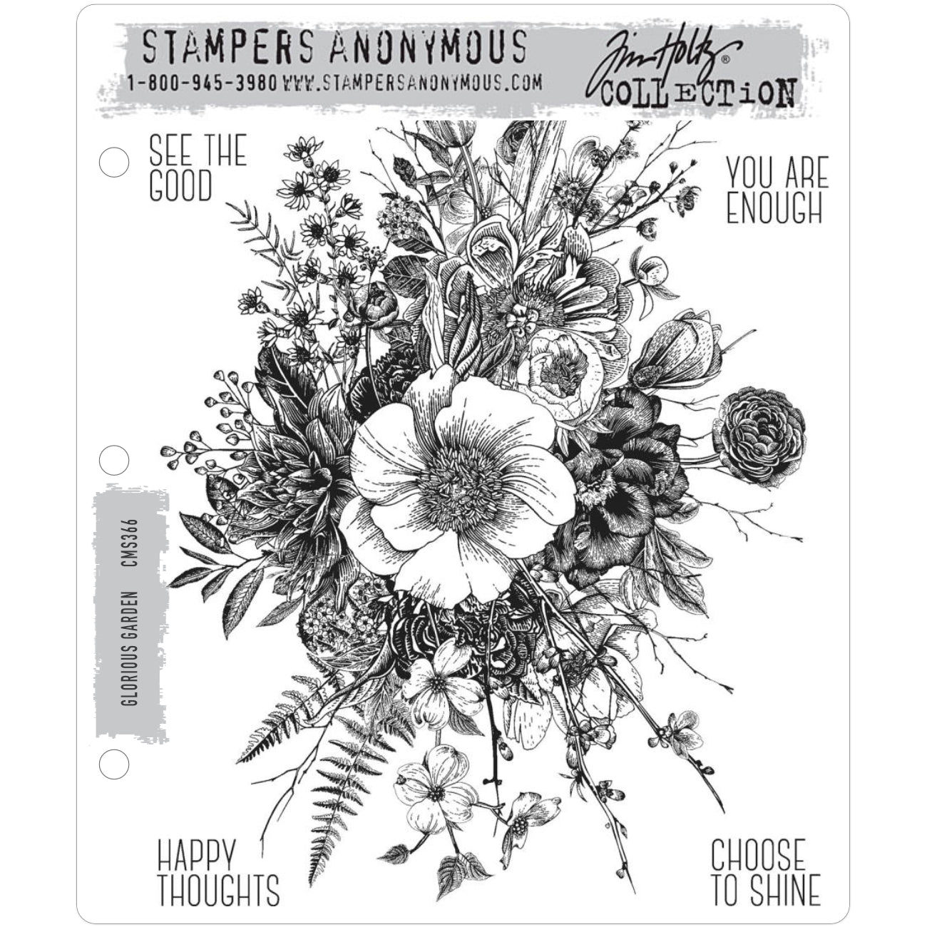 Glorious Garden ... by Tim Holtz and Stampers Anonymous - A very large beautiful illustration of flowers with 4 (four) kind sayings to use every day (CMS366). Set includes 5 (five) cling mounted rubber stamps and 1 large grid block (acrylic base).