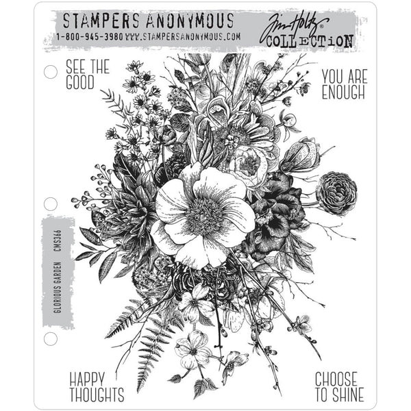 Glorious Garden ... by Tim Holtz and Stampers Anonymous - A very large beautiful illustration of flowers with 4 (four) kind sayings to use every day (CMS366). Set includes 5 (five) cling mounted rubber stamps and 1 large grid block (acrylic base).