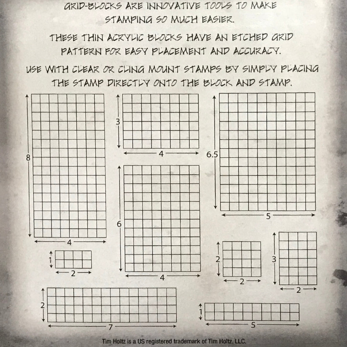 Overview of sizes for the Acrylic Grid Blocks ... by Tim Holtz and Stampers Anonymous - set of 9 (nine) Clear Acrylic Blocks (3mm thick) marked with gridlines at .5 inch intervals. Use for stamping, measuring, using as guides in papercrafts and visual arts.   This set of thin, light and durable stamping blocks are made of 3mm thick acrylic with an etched grid pattern on one side to help with placement - use the lines to align stamps or keep lettering straight.