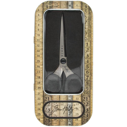 Tim Holtz Haberdashery Scissors 6 inch inside the storage tin