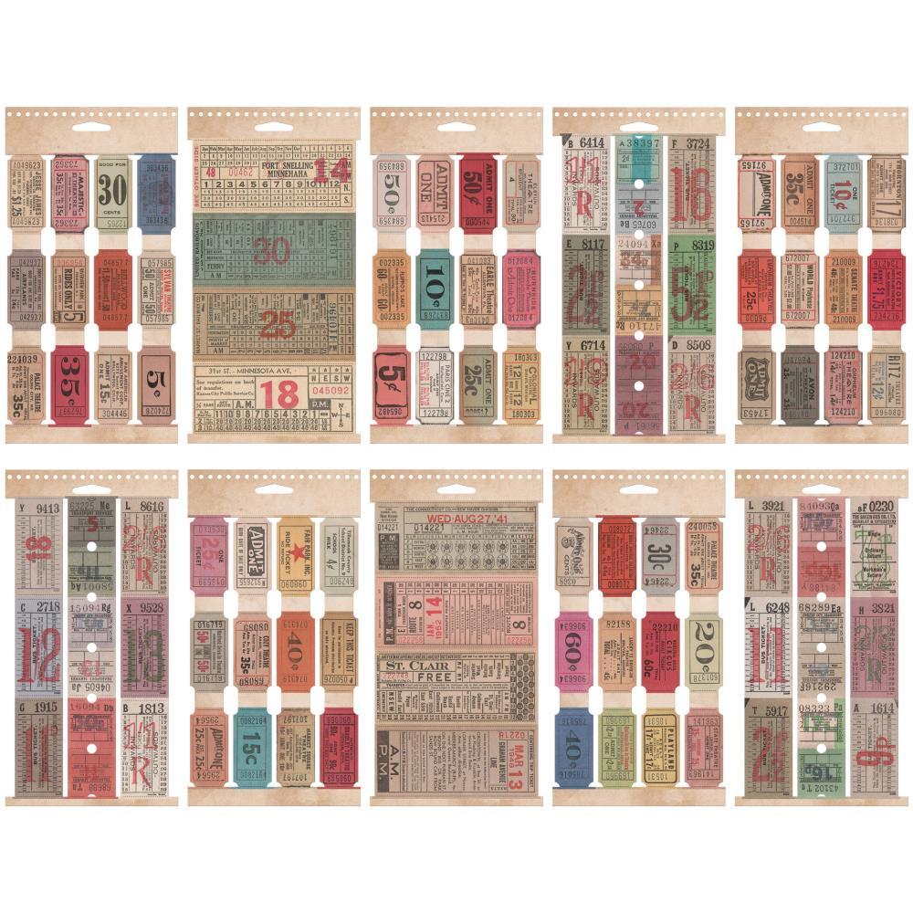 overview of all the ticket stubs in Ticket Book Idea-Ology by Tim Holtz - 104 vintage styled, perforated tickets of admit ones, 35c, show rides, bus, train, theatres, on 10 (ten) die cut sheets, collected in a spiral bound booklet. Ticket sizes vary, die cut and ready to use, simple tear off at the perforation and attach to your make. Wire spiral bound booklet, 4.5" x 9". Designed by Tim Holtz and Advantus Corp. TH94036.