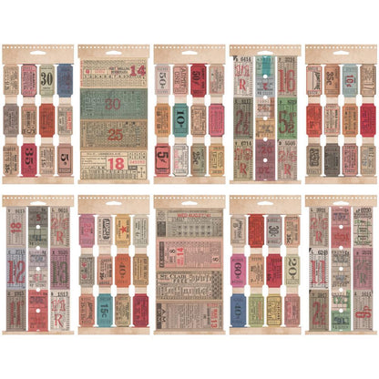 overview of all the ticket stubs in Ticket Book Idea-Ology by Tim Holtz - 104 vintage styled, perforated tickets of admit ones, 35c, show rides, bus, train, theatres, on 10 (ten) die cut sheets, collected in a spiral bound booklet. Ticket sizes vary, die cut and ready to use, simple tear off at the perforation and attach to your make. Wire spiral bound booklet, 4.5" x 9". Designed by Tim Holtz and Advantus Corp. TH94036.