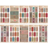 example of all the tickets in Tim Holtz Ticket Book of vintage labels and tickets in spiral bound booklet.