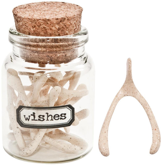 Wishbones - by Tim Holtz Idea-Ology - Miniature resin bones in a glass corked jar to use for visual arts, mixed media, assemblage projects, off-the-page marvels and party decor. Pack of 15 (fifteen) wishbones in one corked glass jar approx 2" (5cm) tall.