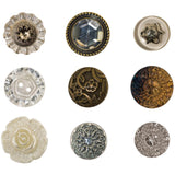 Fanciful Accoutrements - Vintage Style Buttons, Adornments ... by Tim Holtz Idea-Ology - a collection of beautiful buttons for wearing and for mixed media, assemblage projects, cardmaking, journaling, scrapbooking, visual arts. 9 (nine) buttons, 1 (one) of each design between 3/4" and 1" wide.  - a collection of beautiful embellishments for mixed media, assemblage projects, example of 9 vintage style buttons for art or to wear on clothes.