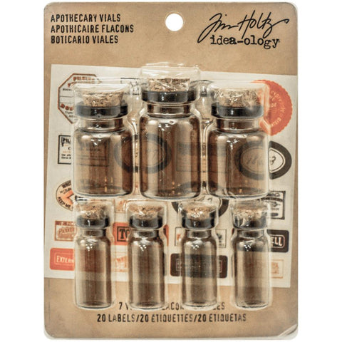 Apothecary Vials - Brown Glass Containers with Corks ... by Tim Holtz Idea-Ology - Use for mixed media, assemblage projects, off-the-page marvels and party decor. Pack of 7 (seven) glass bottles with cork lids. Three different shaped bottles, sizes vary from 1 1/4" to 1 5/8" high.  Add to your project, off-the-page marvel, canvas or other artistic creation and attach using trimmings, fasteners or collage medium. 