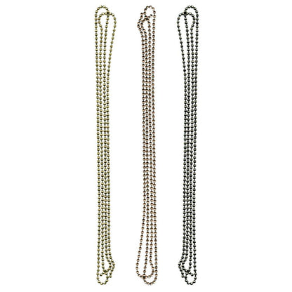 Ball Chain ... Tim Holtz Idea-Ology - 3 lengths of ball styled chain, each 36" long in 3 colours plus 18 connectors. A ball chain is made of tiny metal balls strung together into a length to use for jewellery, mixed media, display projects and other visual arts. Pack contains: three 36 inch (91.4cm) long ball chains (1 of each colour) and 18 connectors (6 of each colour). Colour finishes are: Antique Nickel, Antique Brass and Antique Copper. Made by Advantus Corp for Tim Holtz. TH92675