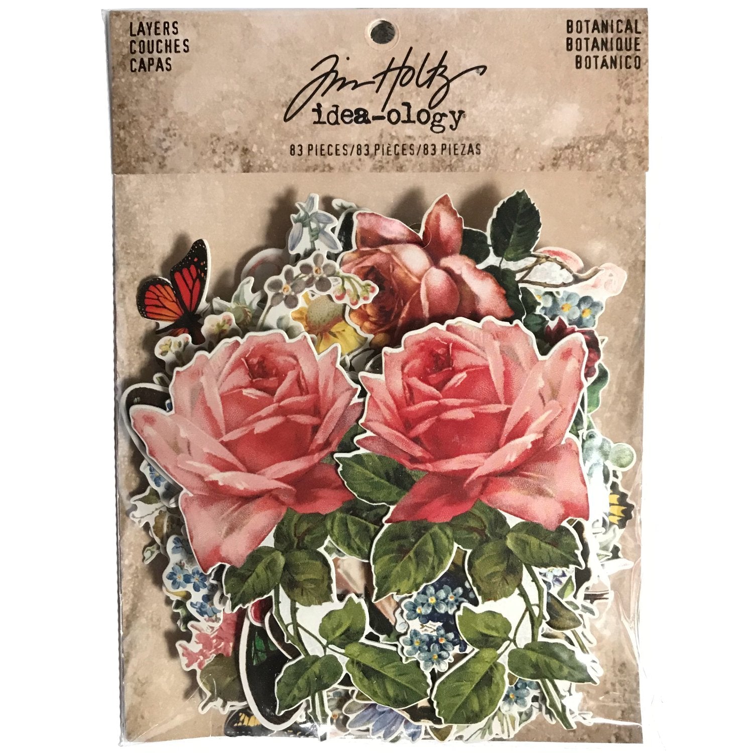 Botanical - Layers - Tim Holtz, made by Advantus Corp for the Idea-Ology range of papercraft essentials. TH93554. Over 80 assorted die-cut pieces, neatly trimmed out of quality cardstock with only a fraction of a white border around the image. Ready to use at a moment's notice. Designs include beautiful vintage illustrations of roses, blooms,&nbsp;daisies, bouquets, posies and single flowers with a variety of butterflies in different sizes, colours and species. Same packet with different assortment showing.