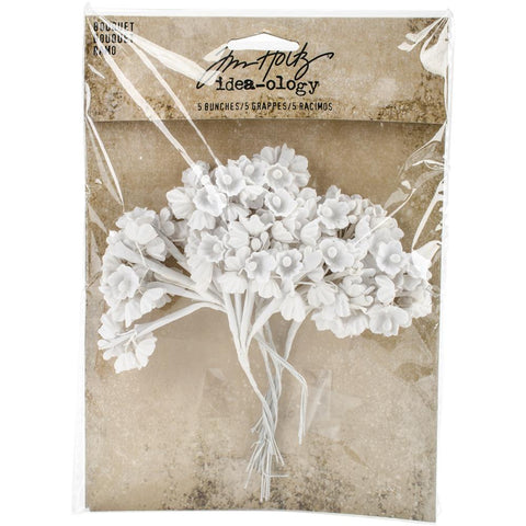 Bouquet ... Tim Holtz Idea-Ology Paper Flowers. 5 (five) white posies with many tiny paper flowers, each 1cm in size with 4 1/2" long wired stems wrapped and twisted with white tissue paper. TH93569.  Small delicate paper flowers on long stems of fine wire, twisted together into 5 (five) bunches of flowers. Perfect for all occasions, journaling, cardmaking, adding to display projects, add to vases, adding to jars and globes to make miniature gardens, all kinds of creativity.