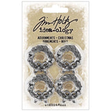 Christmas Wreath ... Idea-Ology Adornments by Tim Holtz - Exquisitely detailed metal charms for use in mixed media, visual arts, papercrafts. Pack of 4 (four) miniature realistic silver coloured metal wreaths with bows and berries.