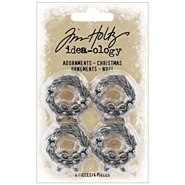 Christmas Wreath ... Idea-Ology Adornments by Tim Holtz - Exquisitely detailed metal charms for use in mixed media, visual arts, papercrafts. Pack of 4 (four) miniature realistic silver coloured metal wreaths with bows and berries.