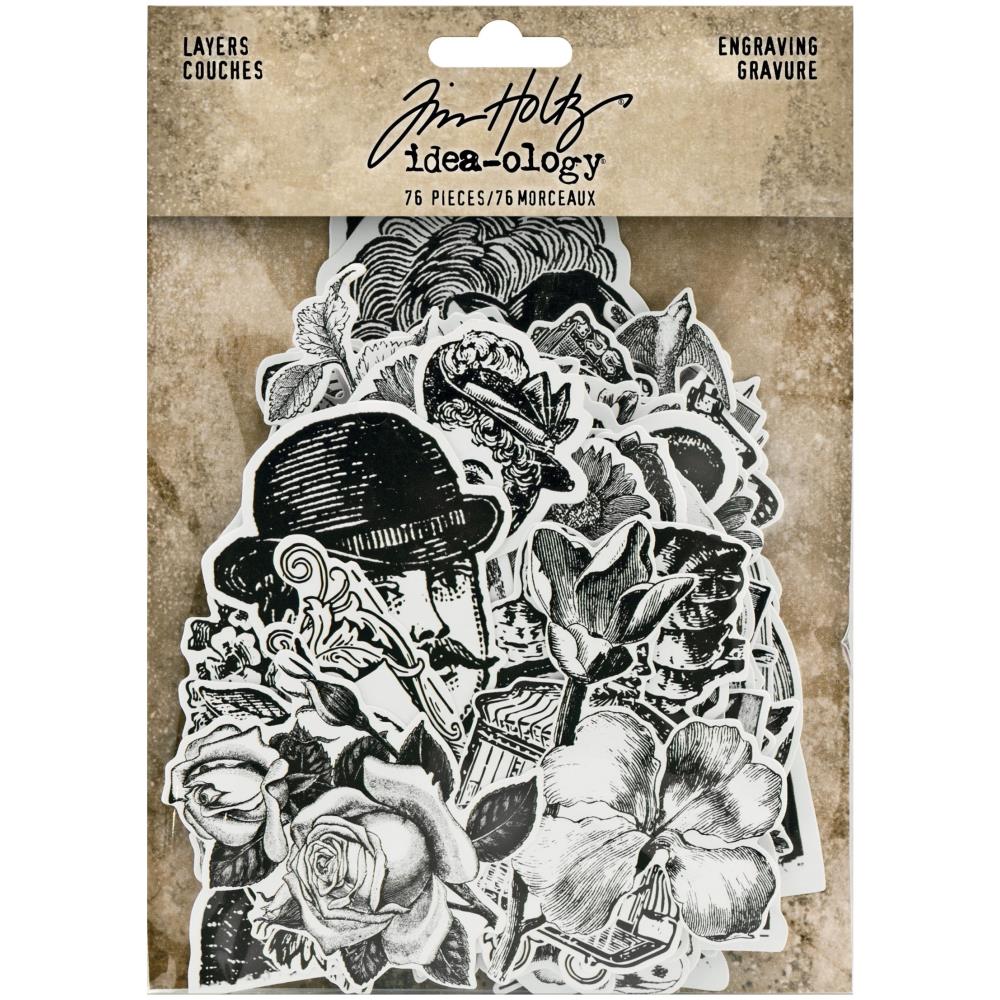Engravings - Tim Holtz Idea-Ology Layers (TH94125) ... 76 black and white illustrations, die cut images on sturdy cardstock for layering in visual arts, mixed media and papercraft. A wide variety of beautiful designs.  The perfect addition to scrapbook pages, tags, art journaling, greeting cards and other craft projects. They're so beautiful you'll want to use them everywhere!  Cards, journals, collage, scrapbooking, anything :)