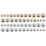 Droplets, Gold and Silver - by Tim Holtz Idea-Ology - light dome shaped embellishments with flat backs in metallic colours of gold and silver. Super shiny and beautiful. Pack of 192 pieces in various sizes. All the pieces in rows. TH94289