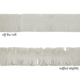 Fringe - Crepe Paper, Creamy White ... by Tim Holtz Idea-Ology - antique white crepe paper fringing for mixed media, assemblage projects, off-the-page marvels and party decor. 2 (two) lengths, each 4cm wide x 75cm long - totalling 1.5 yards (1.39 metres). Photo showing the details, one flat, one ruffled.