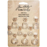 Tiny Glass Vials with Corks ... by Tim Holtz Idea-Ology - Use for mixed media, assemblage projects, off-the-page marvels and party decor. Pack of 9 (nine) little glass bottles with cork lids, approx 1" (25mm) high. Three different shaped jars (3 of each).