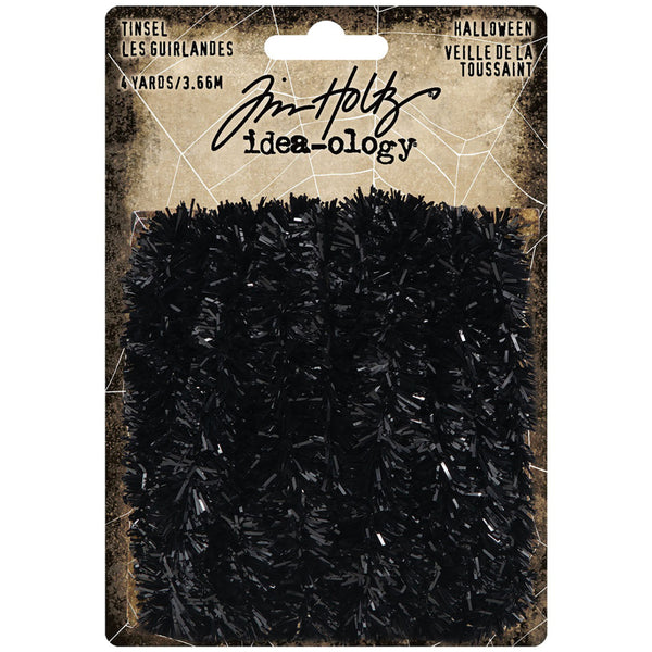 Mini Tinsel - Black ... by Tim Holtz Idea-Ology - trimmings for mixed media, assemblage projects, off-the-page marvels and party decor. 1 (one) length, about 10mm wide and 4 yards (3.66 metres) long.   Tim Holtz Black Mini Tinsel Trimmings is a long length of fluffy glossy black tinsel made of a soft plastic attached to a long length of fine wire