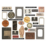 overview of Chipboard Baseboards - Halloween (2021 series) ... Die Cut Embellishments and Layers - by Tim Holtz Idea-Ology - Use for cardmaking, assemblage projects, off-the-page marvels and party decor. Pack of 31 die cut pieces.  This pack of beautifully printed and made chipboard pieces include a fortune teller's hand, smiling full moon, clock faces, banners and labels, window frames, round dart board (bulls eye board), numbers, old book cover and much more.