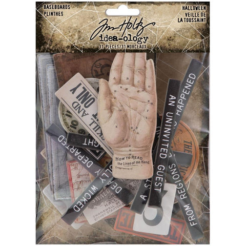 Chipboard Baseboards - Halloween (2021 series) ... Die Cut Embellishments and Layers - by Tim Holtz Idea-Ology - Use for cardmaking, assemblage projects, off-the-page marvels and party decor. Pack of 31 die cut pieces.  This pack of beautifully printed and made chipboard pieces include a fortune teller's hand, smiling full moon, clock faces, banners and labels, window frames, round dart board (bulls eye board), numbers, old book cover and much more.