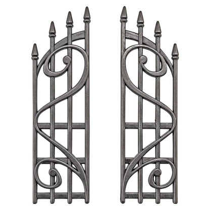 Ornate Gates - by Tim Holtz Idea-Ology - One pair of metal gates inspired by wrought iron fencing. Each piece, left and right, has a stylish scroll decoration and pointy posts. Use for cardmaking, assemblage projects, off-the-page marvels and party decor. Pack of 2, each 4" high x 1 1/8 " wide. TH94159 Beautifully made pair of metal wrought iron styled gates. Large enough to suit large projects, but will fit on a 6x4 mixed media greeting card too.