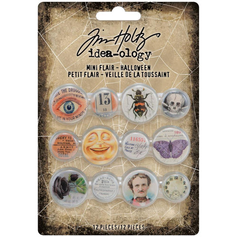 Halloween Mini Flair  ... Open Backed Buttons - by Tim Holtz Idea-Ology - Use for cardmaking, assemblage projects, and party decor. Pack of 12 metal open backed embellishments, one of each design.  Add these wonderful vintage styled buttons to your project, off-the-page marvel, canvas or other artistic creation