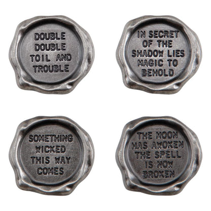 Quote Seals, Halloween - Metal Adornments ... by Tim Holtz Idea-Ology - Use for cardmaking, mixed media, assemblage projects, off-the-page marvels and party decor. 4 (four) pieces, 1 (one) of each design.   The wonderful vintage styling of this embellishment designed by Tim Holtz mimics the shape of a wax seal but in silver coloured metal. 