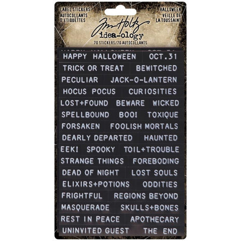 Halloween - Label Stickers - by Tim Holtz Idea-Ology ... words and messages in the style of a retro label-maker sticker, to use on decorations, displays and ornaments, mixed media, cardmaking, papercraft, scrapbooking and visual arts (2 sheets, 64 stickers). 