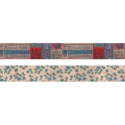 examples of Linen Tape "Agenda" - IdeaOlogy by Tim Holtz - adhesive backed rolls of 25mm wide fabric - beautiful delicate blue flowers with timetables and tickets