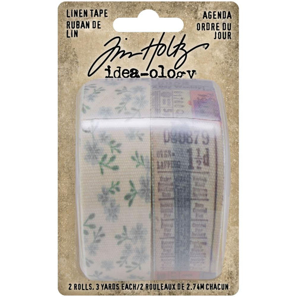 Linen Tape "Agenda" - IdeaOlogy by Tim Holtz - adhesive backed rolls of 25mm wide fabric - beautiful delicate blue flowers with timetables and tickets